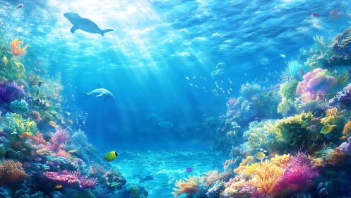 Sunlit coral reef teems with playful dolphins and bright fish