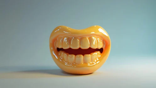 Glossy 3D Cartoon Mouth Sculpture with Realistic Teeth on Soft Background.