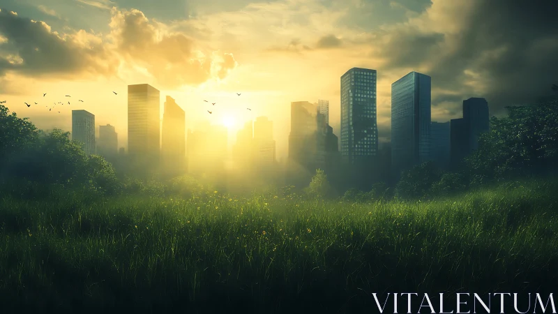 Urban skyline beyond overgrown grass under low sun.