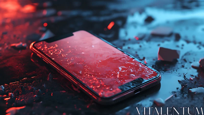 Waterlogged smartphone on neon-wet surface, high contrast study.