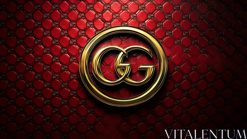 Luxurious Gold Double G Logo on Red Textured Leather Background.