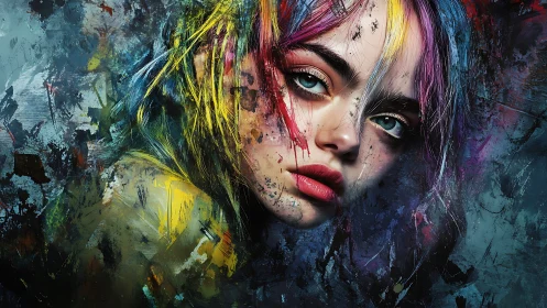 Hyperreal female portrait fused with chaotic abstract pigment