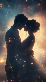 Silhouetted Couple Embracing in Glowing Starlight.
