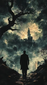 Silhouetted figure walks toward distant gothic castle at dusk