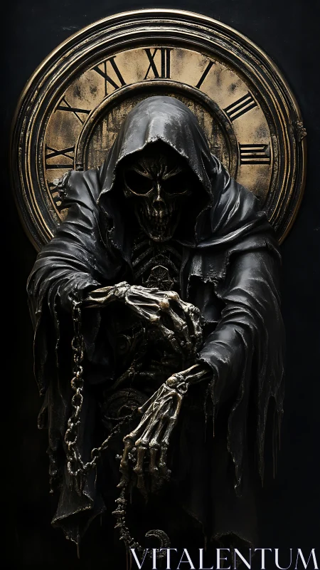Grim reaper before a weathered clock of midnight secrets.