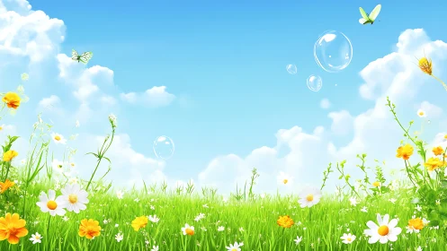 Sunny wildflower meadow under a bright, carefree sky.