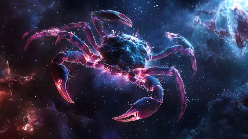 Cosmic neon crab drifting through vibrant stellar clouds.