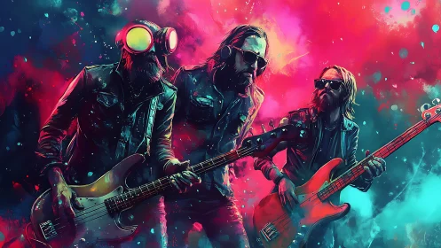 Rock band trio in neon abstract lighting on stage.