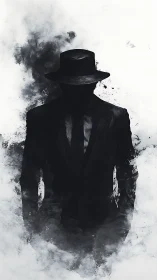 Silhouetted figure in suit and hat within diffuse grayscale field.