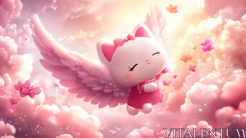 Winged chibi cat angel soars through luminous pink clouds