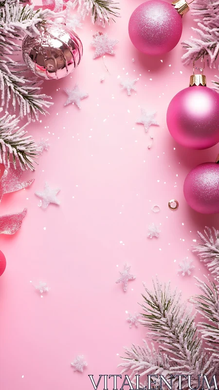 Pink Christmas ornaments with frosted branches and sparkle.