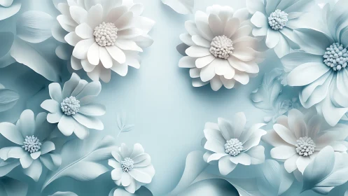 Ethereal White Flowers Bloom in Serene Blue-Tinted Dream
