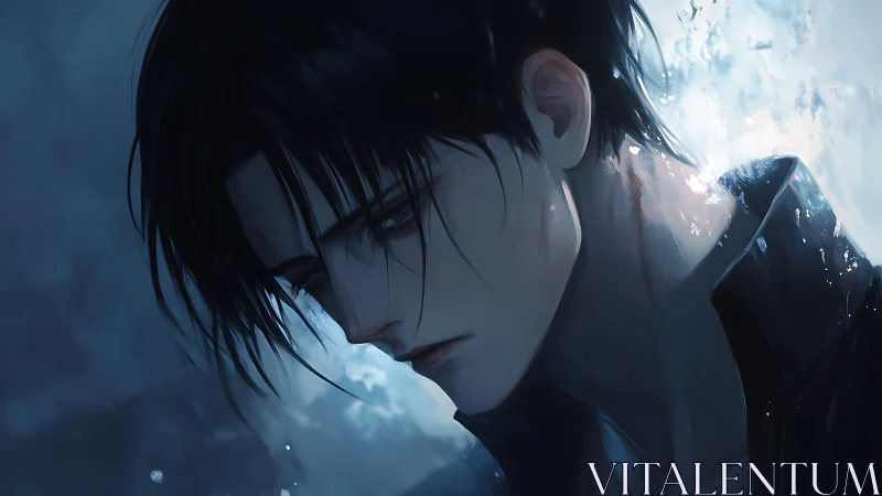 Melancholic anime boy in dark water with cold blue light.