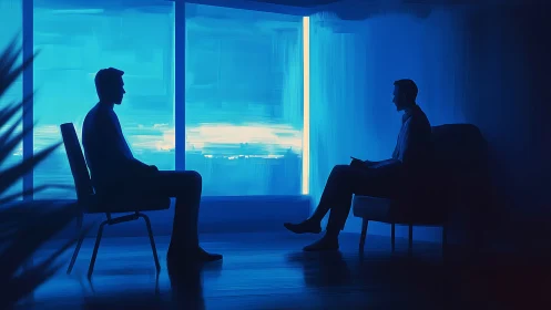 Chromatic blue consultation with silhouetted dyadic figures.