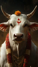 Sacred white cow adorned with marigolds and red tilak.