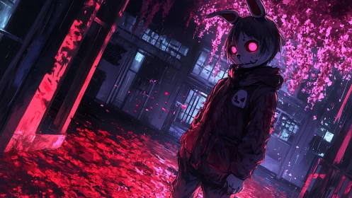 Neon-eyed bunny-masked figure under crimson sakura glow.