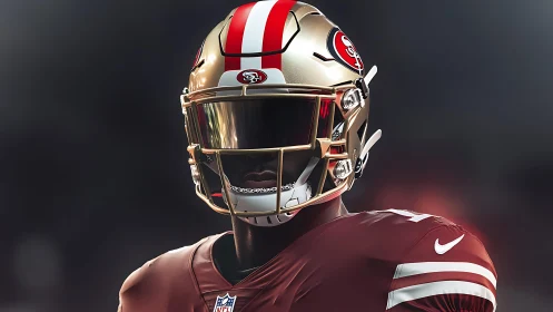 Football player wears reflective 49ers helmet under stadium lights
