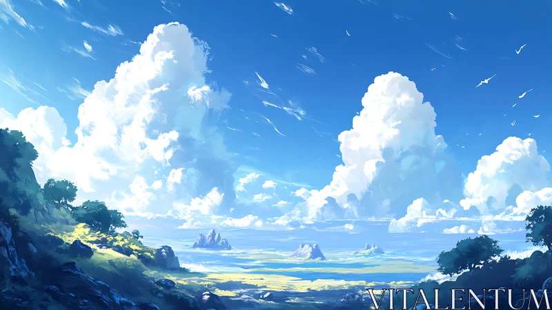 Coastal plain under cumulus clouds in bright daylight sky.