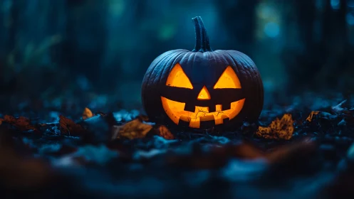 Photorealistic jack-o-lantern in moody shallow-depth forest scene.