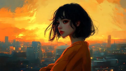 Cityside portrait under blazing orange cinematic sunset sky.