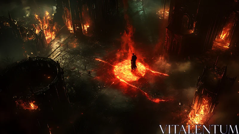 Dark cloaked figure standing in burning infernal ruins.