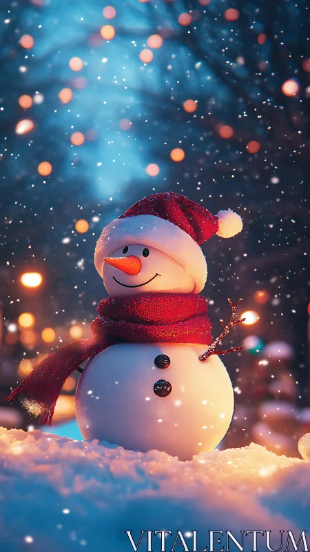 Cheerful snowman in festive city lights at winter dusk.