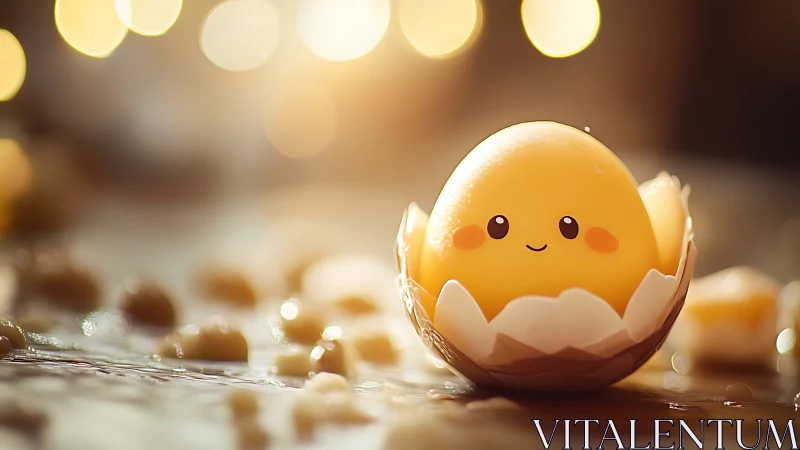 Egg-shaped character in shell with shallow depth of field.