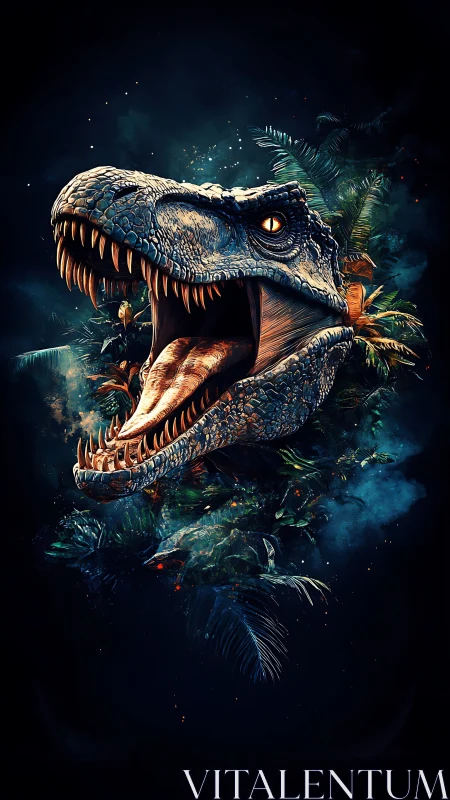 Roaring dinosaur head emerges from dark neon jungle night.