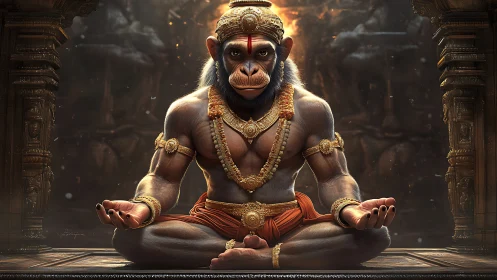 Divine monkey warrior meditates in ornate ancient temple.