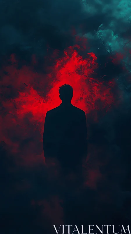 Silhouette stands before crimson storm in cyan haze.