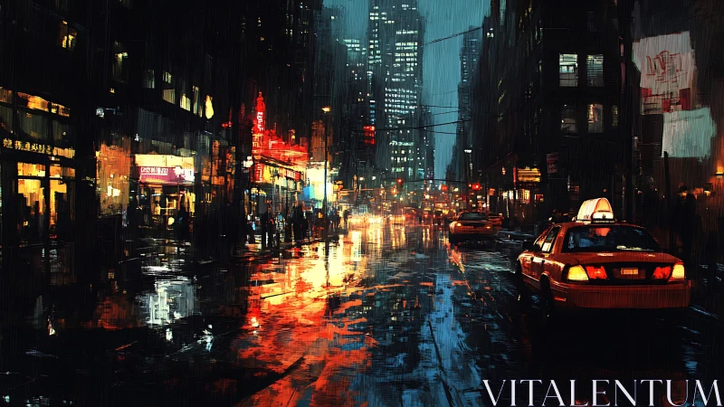 Neon rain over restless taxis in midnight canyon streets.