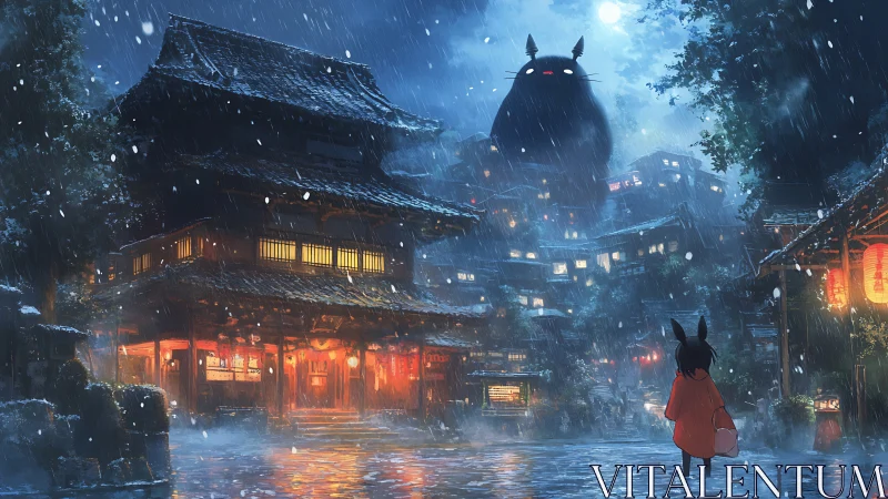 Night rain scene shows child and large cat figure in town