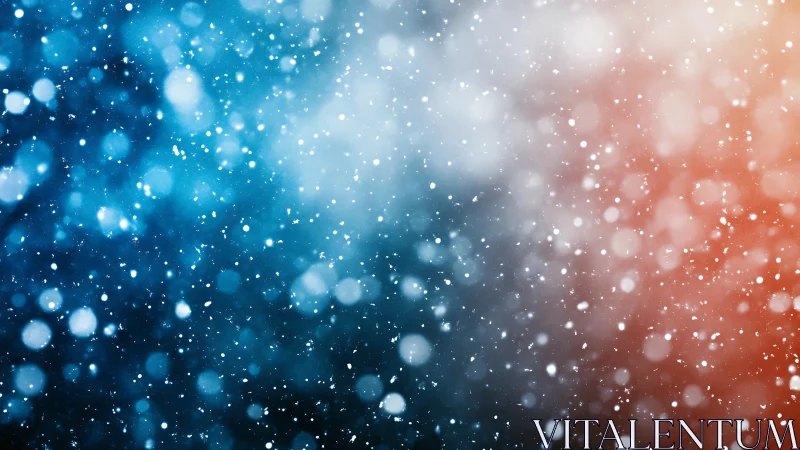 Bokeh snow particle field over dual-temperature gradient backdrop.