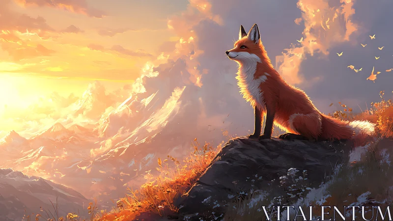 Sunrise sentinel fox gazes across blazing cloud kingdoms.