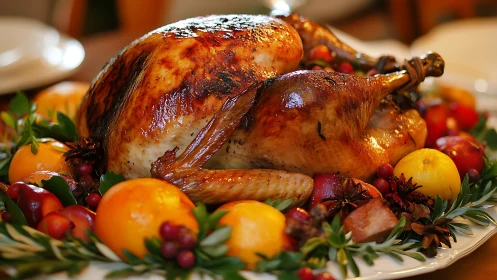 Roast turkey centerpiece with citrus garnish and warm bokeh lighting.