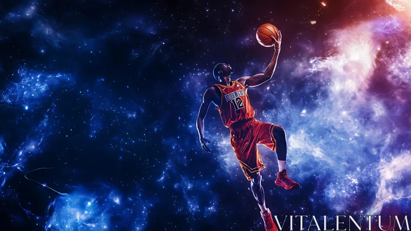 Soaring basketball player rises like a bright comet in space