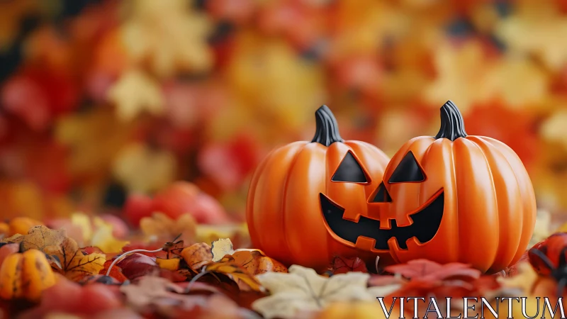 Polymer jack o’lantern pair amid defocused autumn foliage.