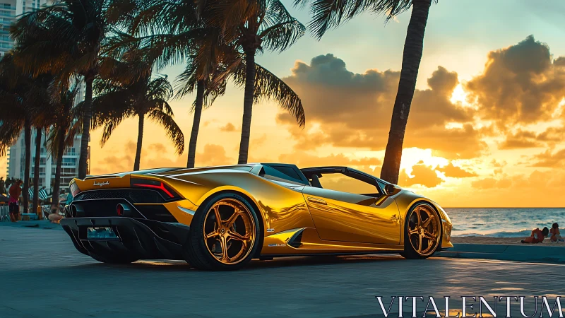 Gold supercar parked by tropical beach at vivid sunset.
