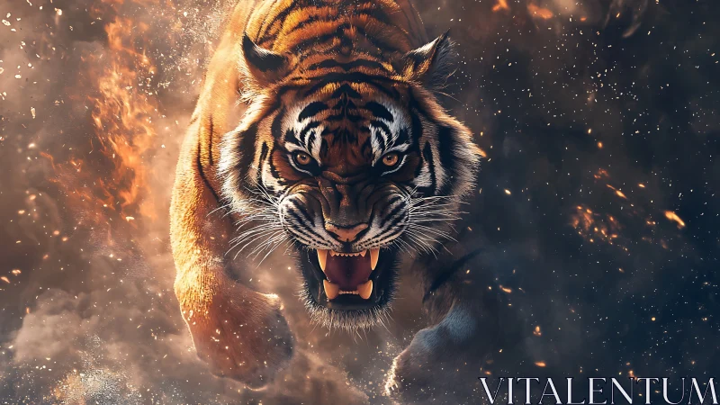 Tiger charges through molten embers, jaws bared in fury.