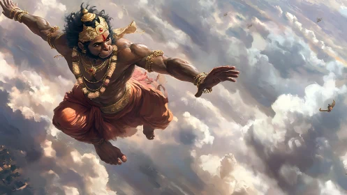 Dynamic mythic hero in aerial perspective digital painting.