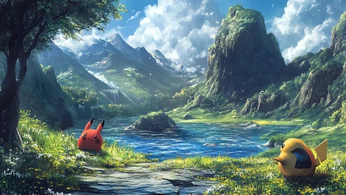 Pikachu daydreams in a lush fantasy valley by sparkling lake.