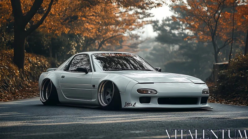 Photoreal stance car in autumn forest road environment.