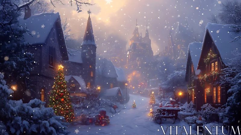 Snowy Christmas village glows with lights and distant castle.