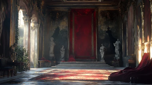 Grand decayed throne hall with red drapery and statues.
