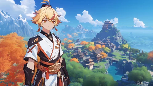 Blond anime traveler before colorful mountain village.