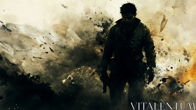 Digital painting of lone armed figure in fragmented smoke field.