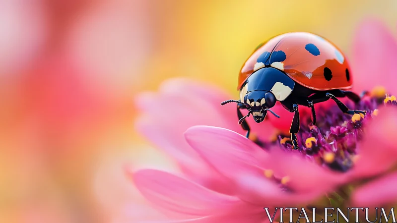 Macro study of ladybug exoskeleton on pink composite flower.