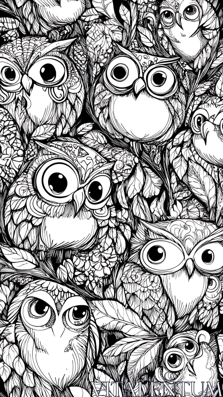 Intricate owl line art pattern with dense forest foliage.