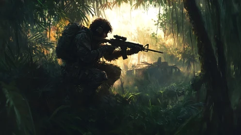 Camouflaged soldier aiming rifle in dense jungle light.