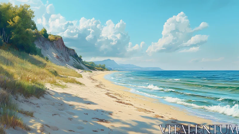 Sunlit coastal dunes with gentle surf and distant headlands